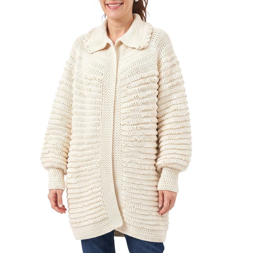 Vintage Ivory White Chunky Handknit Crochet Cozy Cardigan Coat Sweater M